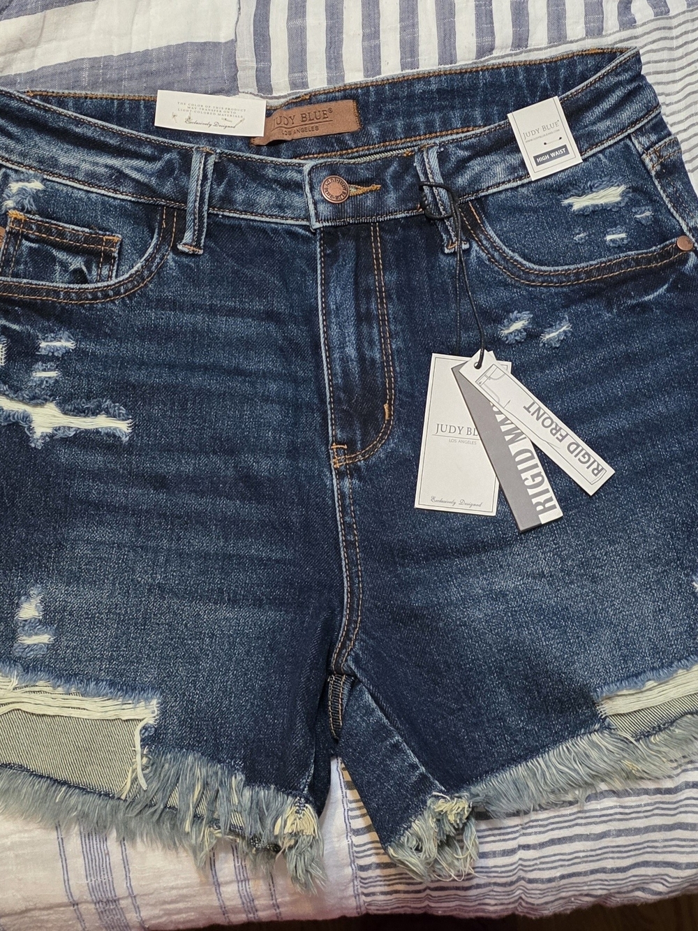 Judy Blue Dark Blue Distressed Frayed Hem Denim Shorts